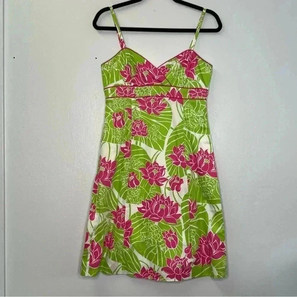 Lilly Pulitzer Green White Pink Floral Spaghetti Strap Dress